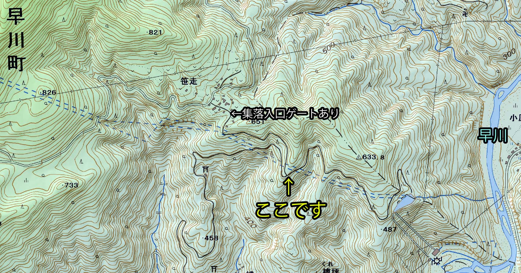 山梨県県南巨摩郡早川町（JCG：17007F） 笹走集落下移動地ガイド