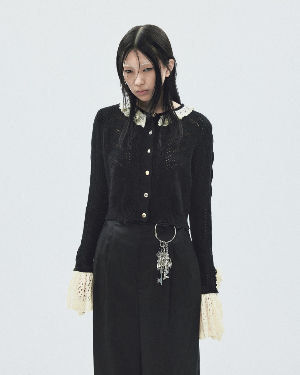 タナカダイスケ| ribbon pattern frilled sleeve knit cardigan Black