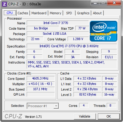 Intel Core i7 3770 @ 4605.3 MHz - CPU-Z VALIDATOR
