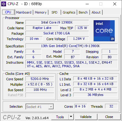 Intel Core i9 13900K @ 5200 MHz - CPU-Z VALIDATOR