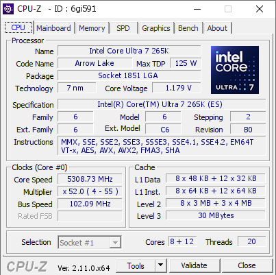 Intel Core Ultra 7 265K @ 5308.73 MHz - CPU-Z VALIDATOR
