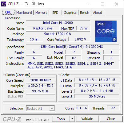 Intel Core i9 13900 @ 3890.48 MHz - CPU-Z VALIDATOR