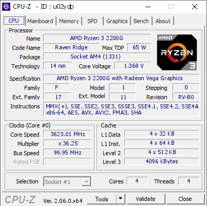 AMD Ryzen 3 2200G @ 3623.01 MHz - CPU-Z VALIDATOR