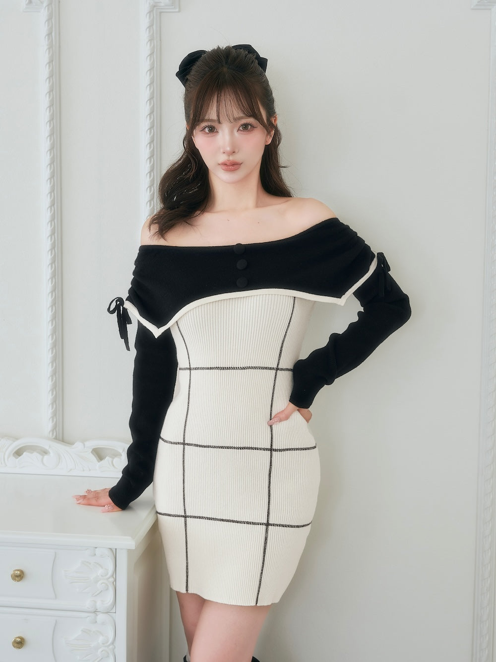 オフショルレースアップリボンニットミニワンピース – Darich (ダーリッチ)