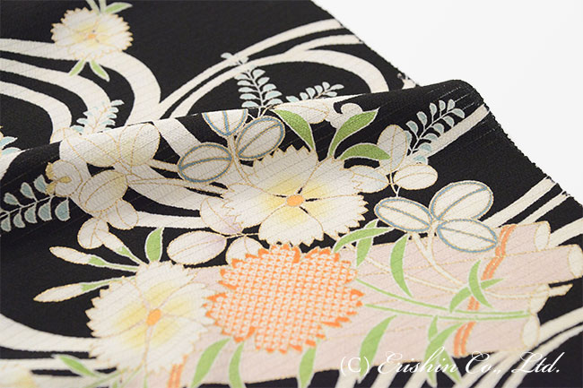 お誂え】染名古屋帯（流水に花筏/黒地・絽縮緬）/夏・単衣向『着物