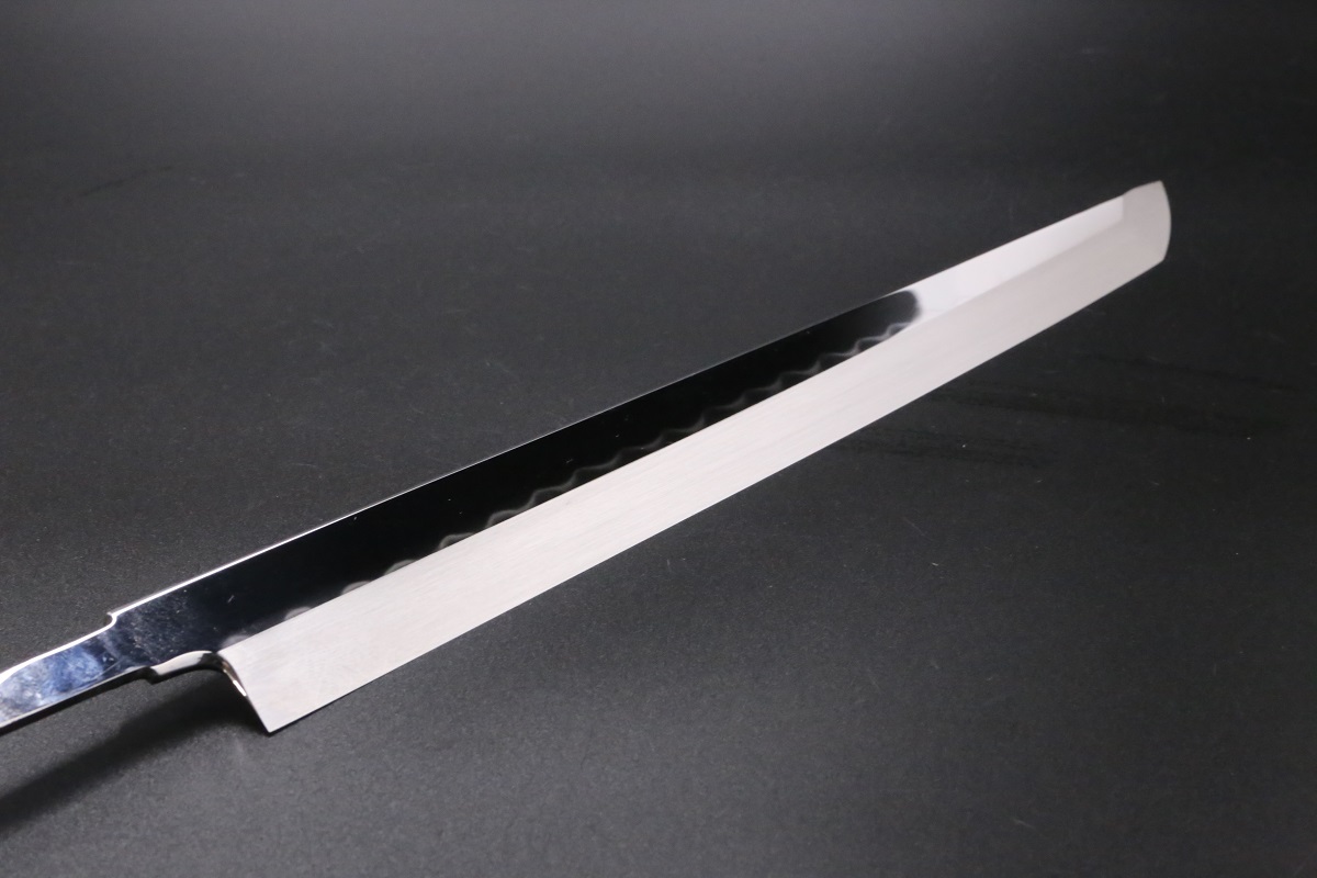 先丸蛸引 白鋼 300mm 油本焼 両鏡面 波浮かし 八角黒檀柄 白木健一作