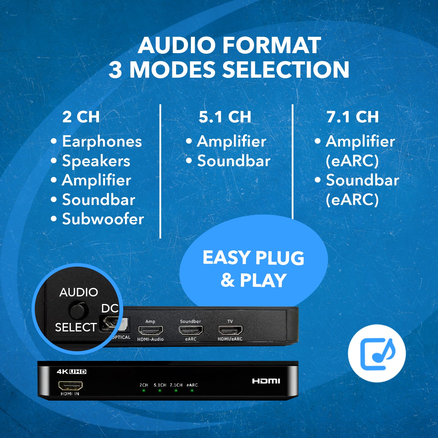 HDMI eARC Audio Extractor 4K@60Hz with Optical Port & 3.5mm jack