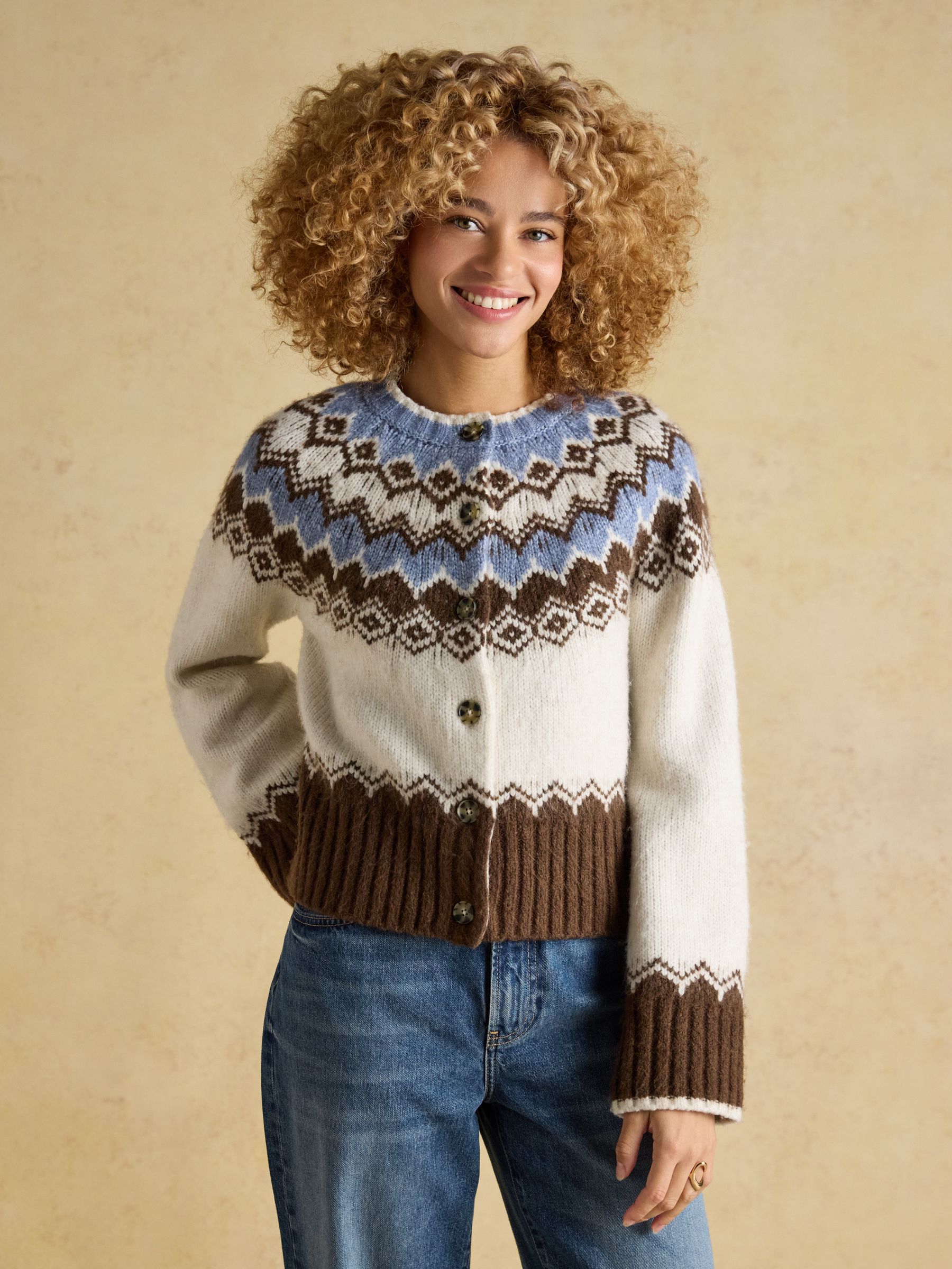Buy Joules Fairisle Yoke Cream & Brown Knitted Cardigan from Next USA