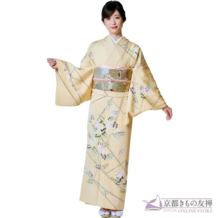 a2211301】【レンタル】訪問着 フルセット 黄色 花柄 Mサイズ Lサイズ