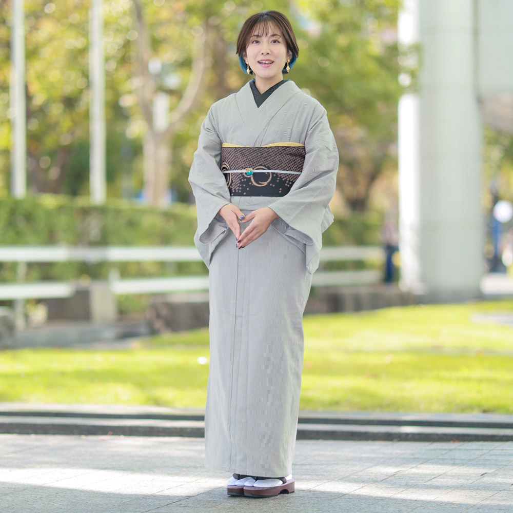 e2311203】洗える着物 ヒッコリー ストライプ 縞 小紋 単衣 M / L