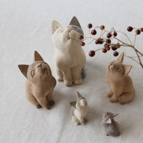 再制作 5匹セット 天然無垢ウッド 木彫り 見上げる猫一家 ネコ