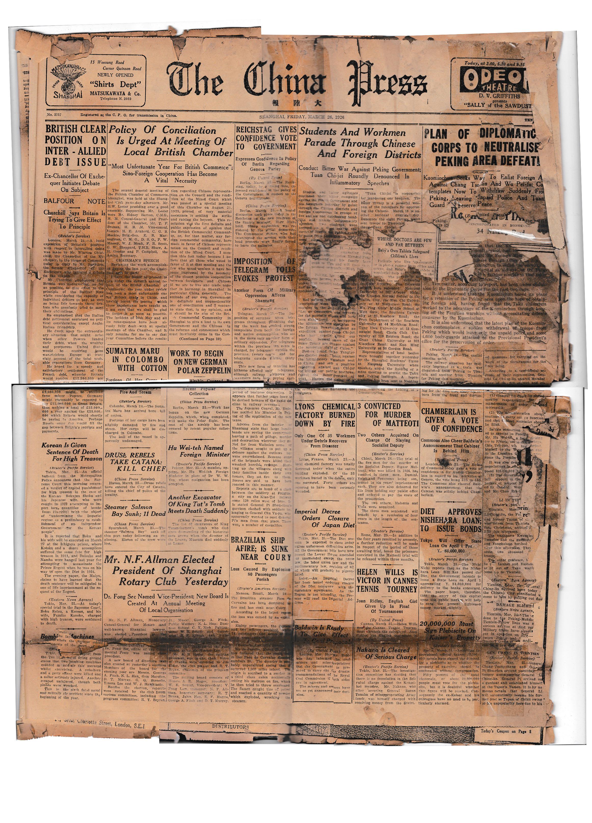 Vintage Newspaper - {The China Press} March 26, 1926 : r/shanghai