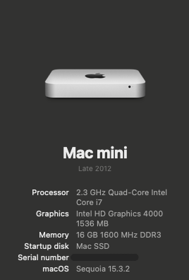 2012 Mac Mini i7 6,2 Sequoia 15.3.2 成功 : r/OpenCoreLegacyPatcher