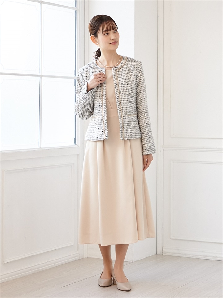 2点セット】ミックスツイードジャケット＋8分袖ワンピース(M ベージュ