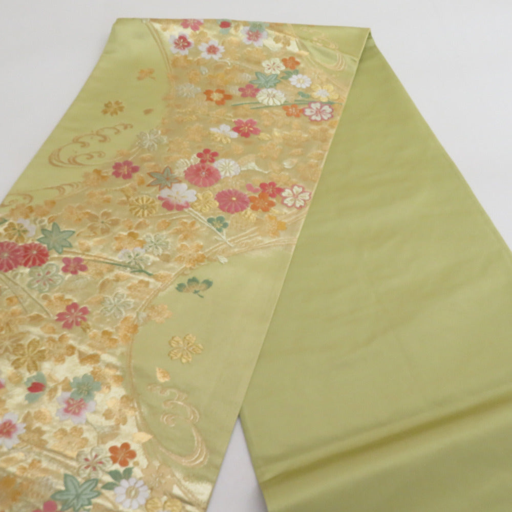 袋帯 流水に花々紋様 黄緑x金色 金糸 六通柄 正絹 仕立て上がり 着物