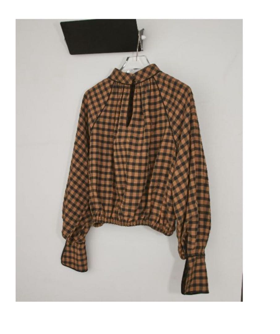 【美品】TODAYFUL GinghamcheckPuffBlouse Brown Gingham Embroidered Top